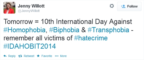 Jenny Willott MP tweets for IDAHOBIT